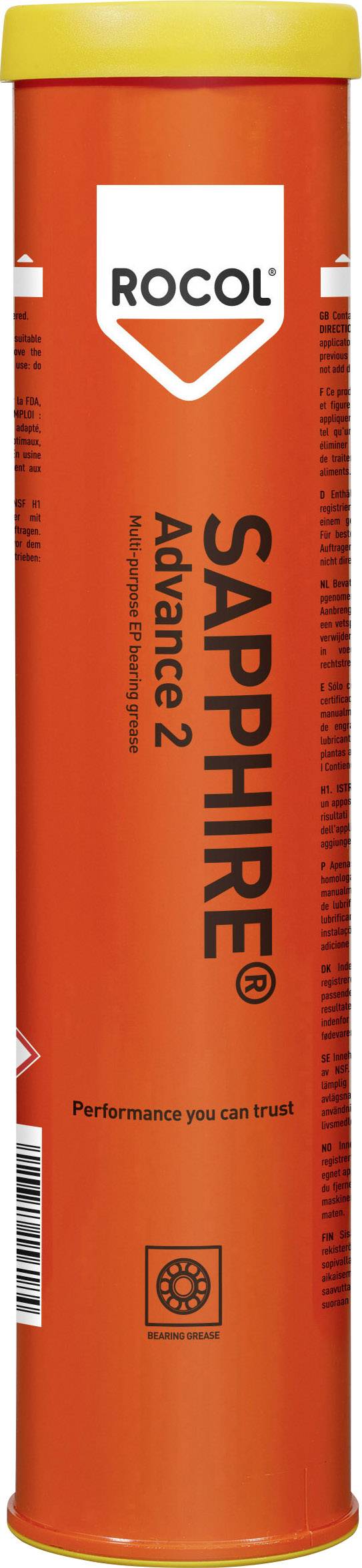Rote Verpackung einer Schmierstoffkartusche der Marke ROCOL, Aufschrift 'SAPPHIRE Advance 2', mit gelbem Deckel.