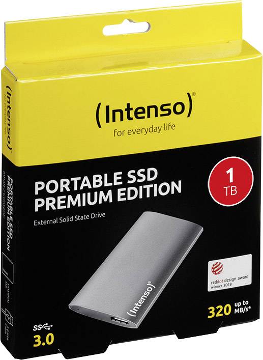 Eine schwarze und gelbe Verpackung für eine Intenso Portable SSD Premium Edition mit 1 TB Kapazität und bis zu 320 MB/s Geschwindigkeit.