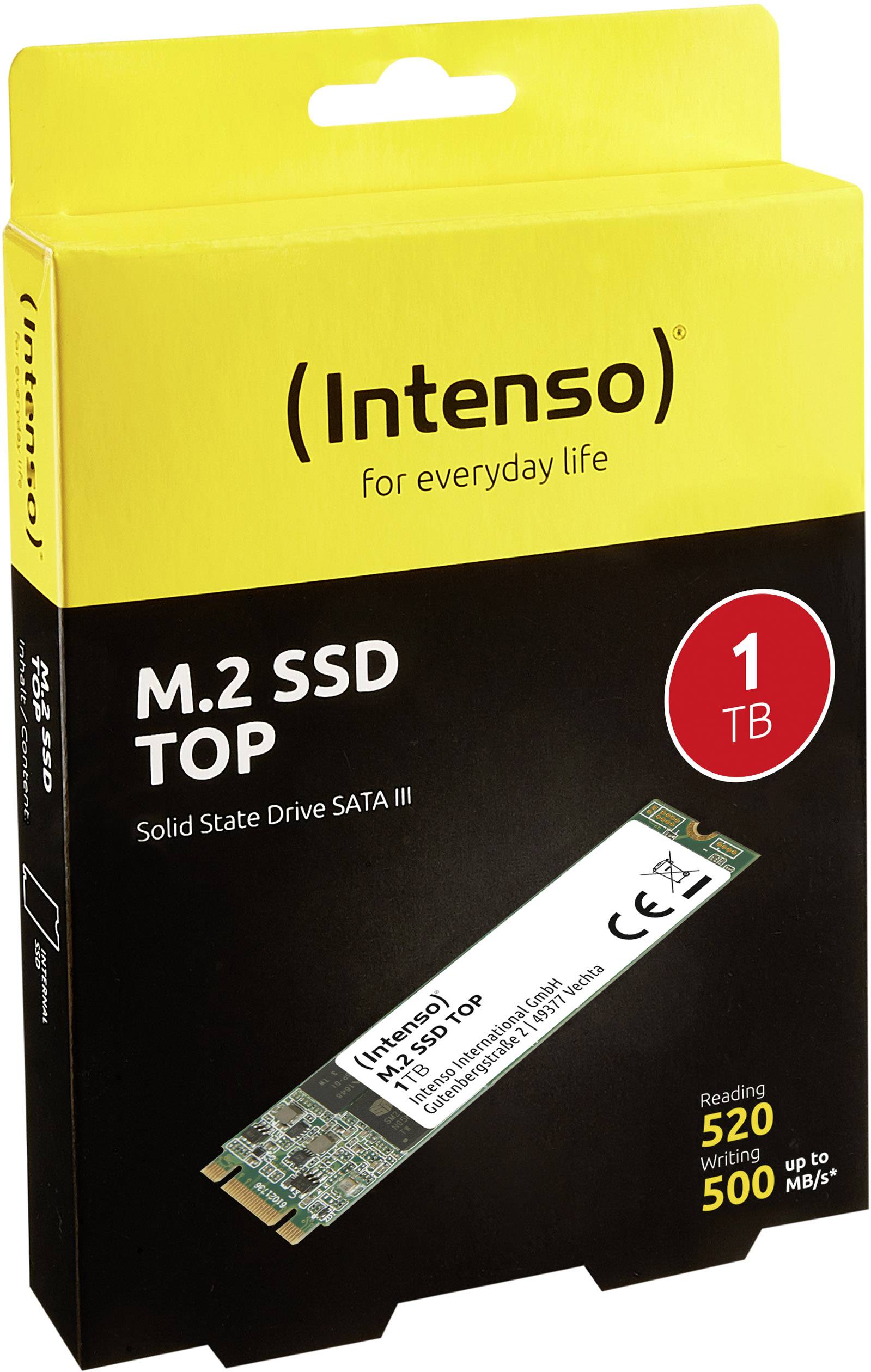 Schachtel mit einer Intenso M.2 SSD mit 1 TB Kapazität. Lesen: 520 MB/s, Schreiben: 500 MB/s. Solide State Drive SATA III.