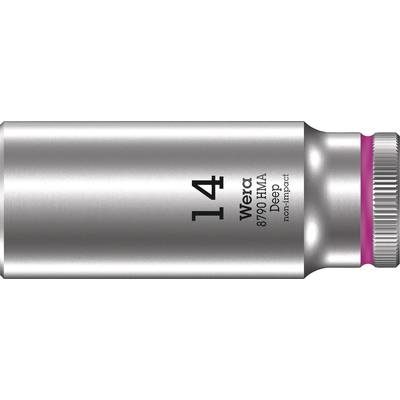 Steckschlüsseleinsatz mit der Aufschrift '14 Wera 8790 HMA Deep non-impact'. Silberfarben, mit geriffeltem Endstück.