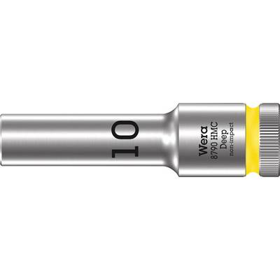Eine metallische Stecknuss von Wera, Modell 8790 HMC, Größe 10, mit gelbem Ring für tiefen Einsatz, nicht für Schlagschrauber geeignet.