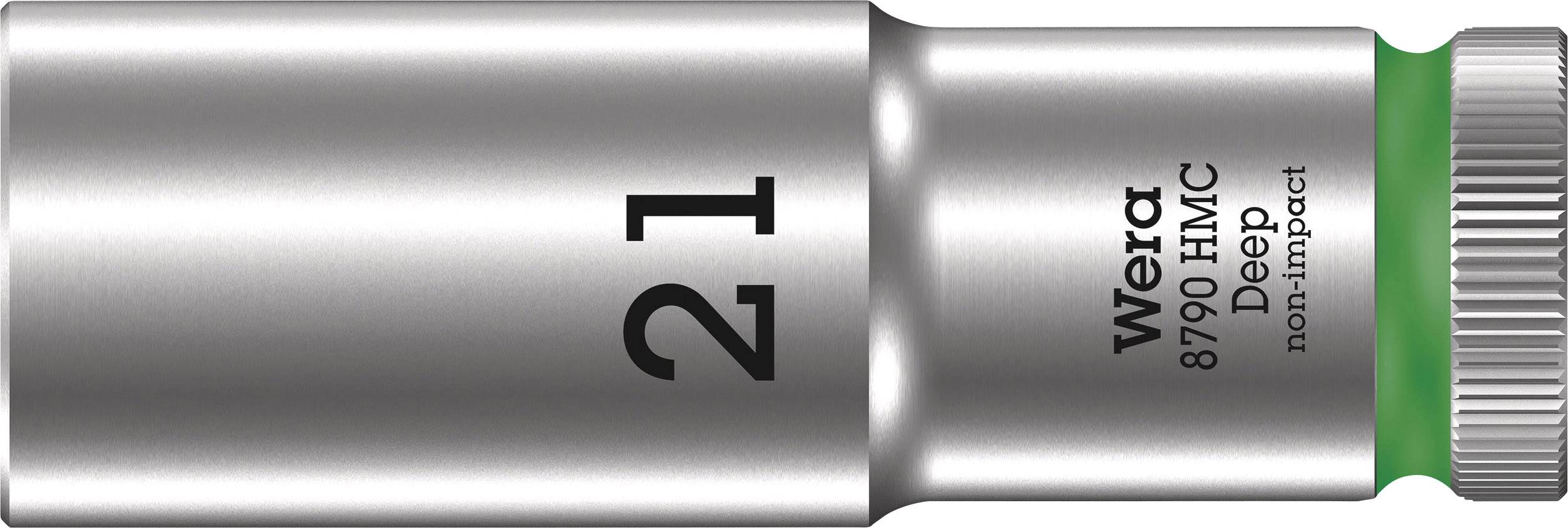 'Wera 8790 HMC Deep' Steckschlüsseleinsatz, Größe 21, in silber mit grünem Ring. Verwendet für nicht schlagende Anwendungen.