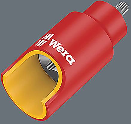 Rote und gelbe Wera-Steckschlüssel mit sichtbarem Metall im Inneren, entwickelt für die Verwendung mit Sechskantmuttern oder -schrauben.