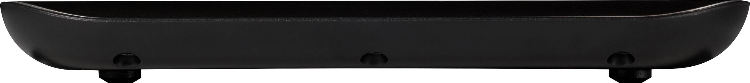 Ein schwarzes, längliches Tablett mit leicht gebogenen Seiten und kleinen Füßen, das möglicherweise als Deko- oder Servierschale dient.