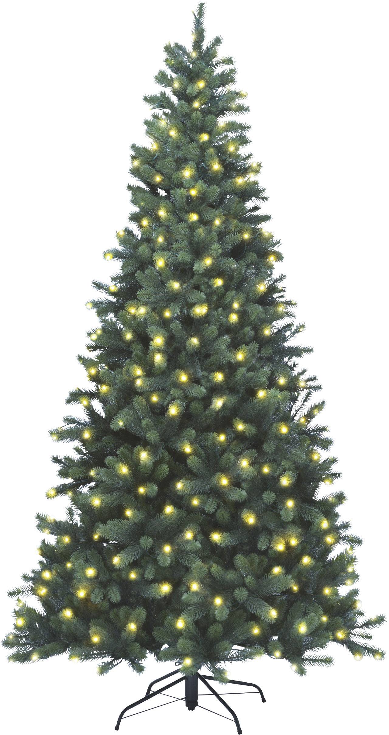 Ein geschmückter Weihnachtsbaum mit leuchtenden Lichtern auf einem schwarzen Ständer.