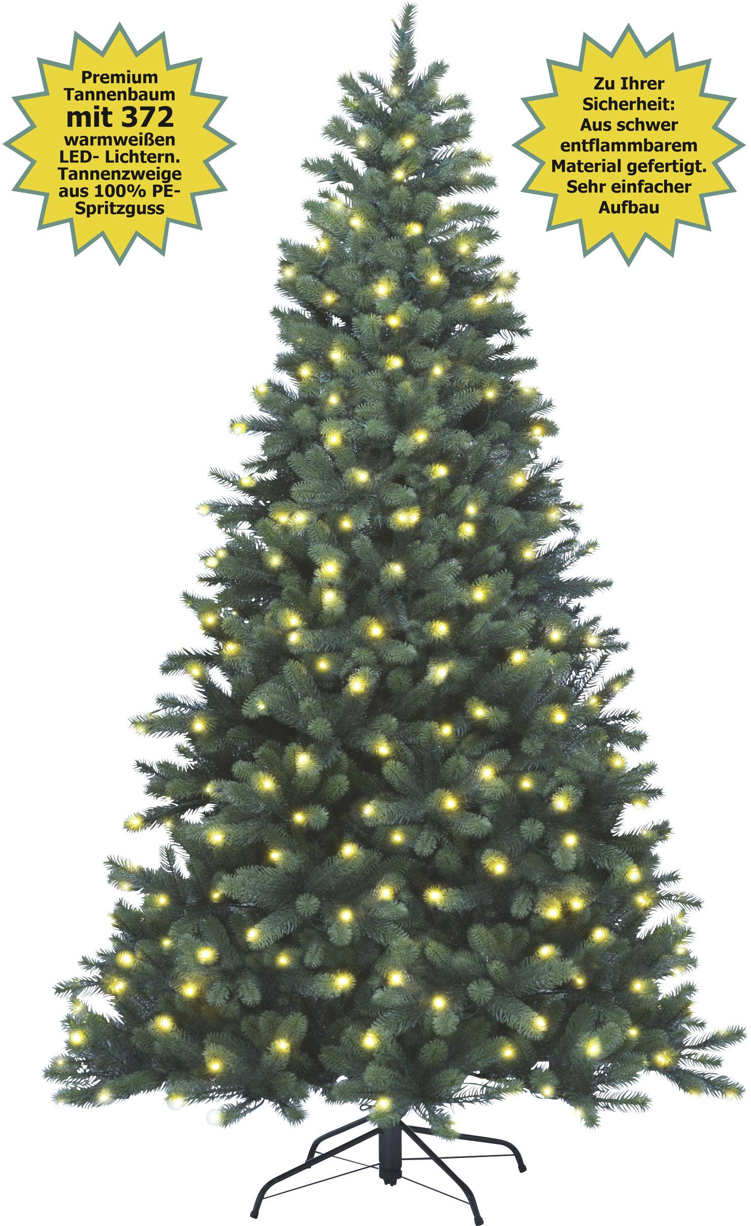 Künstlicher Weihnachtsbaum mit warmweißen LED-Lichtern. Texte: 'Premium Tannenbaum mit 372 LED-Lichtern'. 'Sehr einfacher Aufbau'.