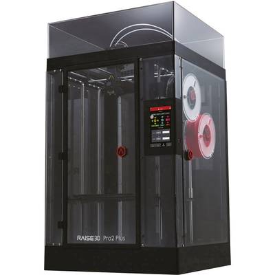 Ein schwarzer 3D-Drucker mit transparenten Seiten und zwei Filamentrollen. Das Kontrollpanel zeigt Statusanzeigen. Modell: 'Raise3D Pro2 Plus'.