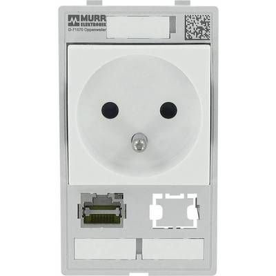 'Weiße Wandsteckdose mit RJ45-Anschluss von Murr Elektronik, Modell D-71570. Enthält QR-Code und Felder für Datenkabelanschluss.'