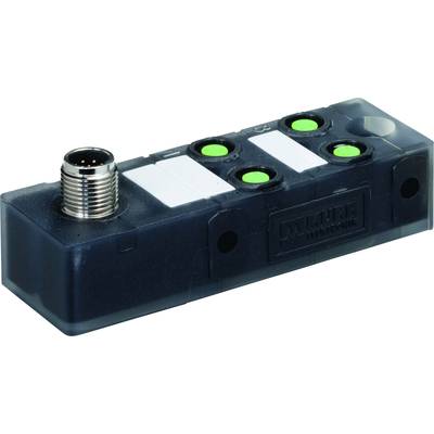 Ein rechteckiges, schwarzes elektronisches Modul mit vier grünen LED-Anzeigen und einem Metallanschluss an der Oberseite.
