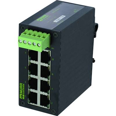 Ein schwarzer Ethernet-Switch mit acht RJ45-Anschlüssen und einem grünen Anschlussblock oben. Markenlogo 'Murr Elektronik'.