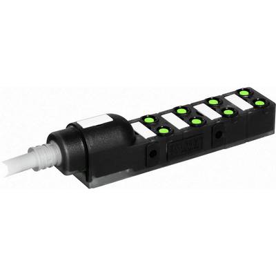 Ein schwarzer Verteilerblock mit acht grünen LED-Anzeigen und einem angeschlossenen Kabel auf der linken Seite, dient zur Signalverteilung.