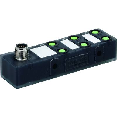 Ein schwarzer Verteilerblock mit sechs grünen LED-Anzeigen und einem silbernen Anschlussstecker oben links.