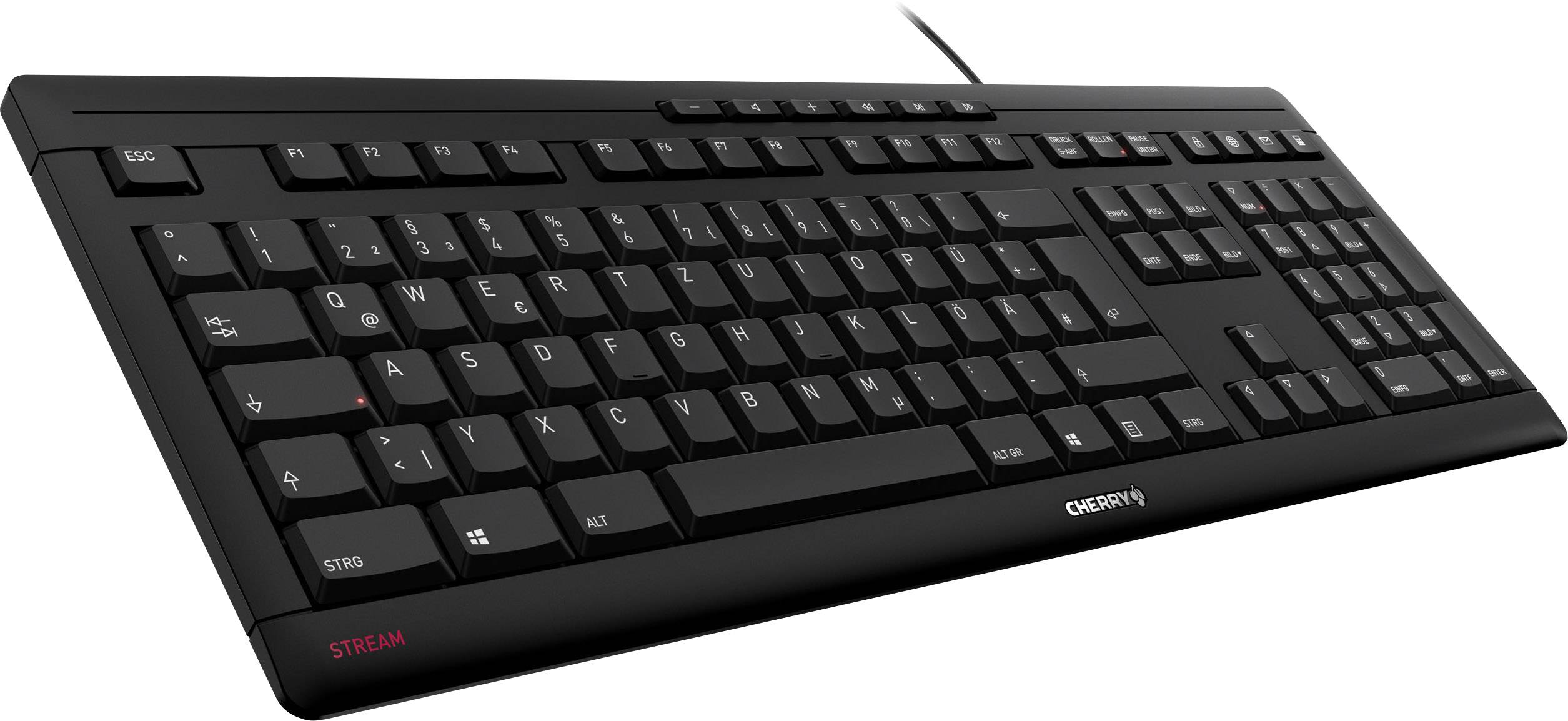 Tastatur in Schwarz mit flachem Design und zusätzlichen Tasten für Mediensteuerung oben.