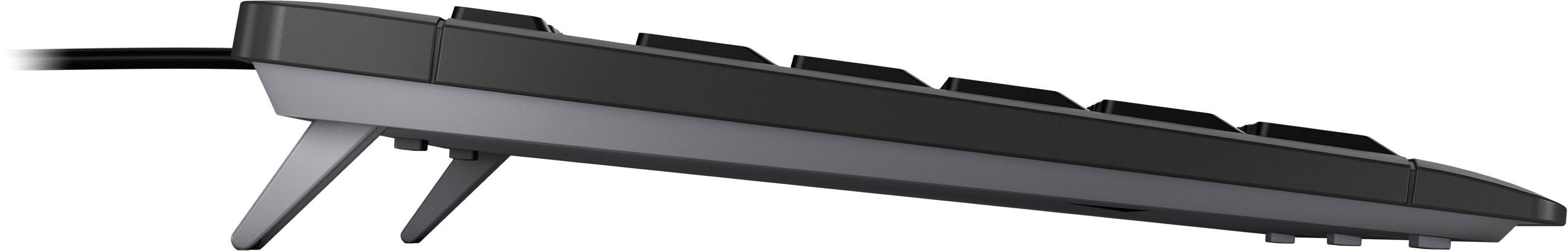 Seitliche Ansicht einer flachen schwarzen Computer-Tastatur mit ausgeklappten Standfüßen.