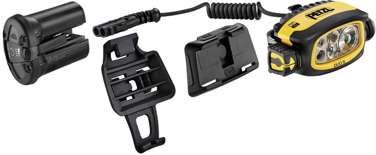 Stirnlampe mit gelbem Gehäuse, Anzeige eines Batteriepacks und Halterungen. Für Outdoor- und Sportaktivitäten gedacht.