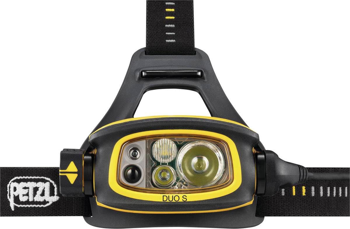 Stirnlampe mit schwarzem und gelbem Gehäuse, zwei hellen LEDs und verstellbarem Kopfband. Marke 'Petzl' erkennbar am Band.