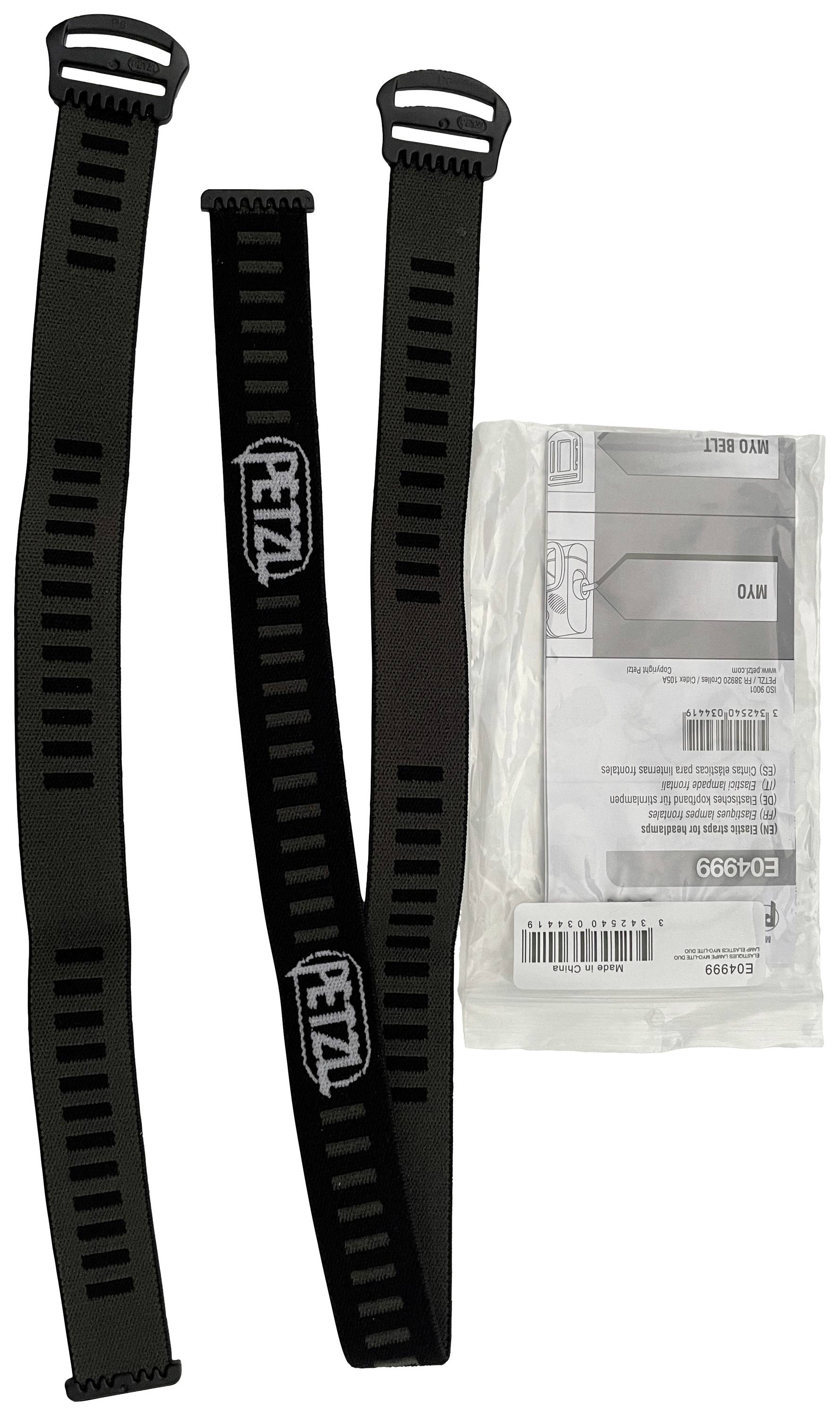 Zwei schwarze Kunststoffbänder mit dem Logo 'PETZL', neben einer Verpackung mit Anleitung und Barcode, auf einem weißen Hintergrund.