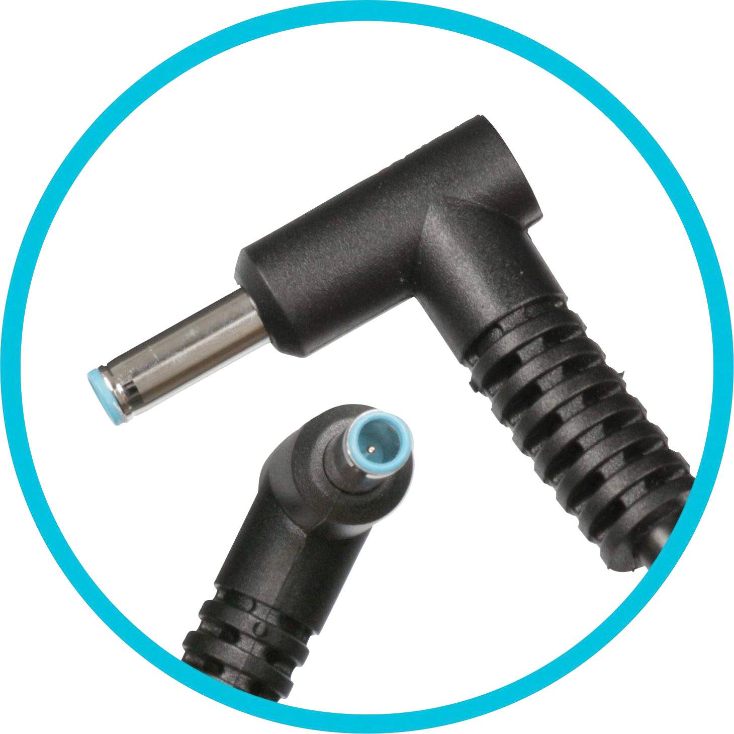 Ein schwarzes, abgewinkeltes Netzteilkabel mit blauem Stecker, passend für Laptops oder andere elektronische Geräte.