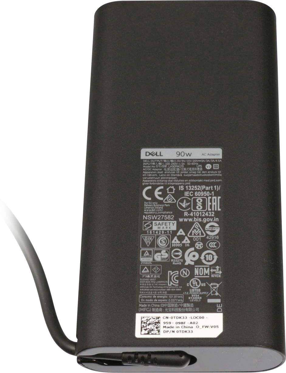 Ein schwarzes Dell-Laptopnetzteil mit einem 90-W-Label und Sicherheitszertifizierungen auf der Oberfläche.