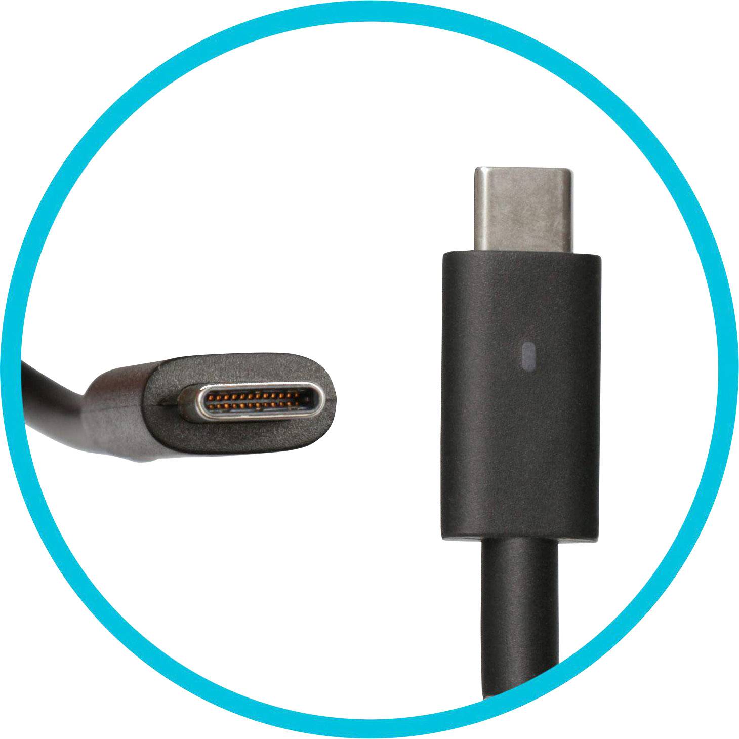 Schwarzes USB-C-Kabel, das von verschiedenen Seiten gezeigt wird. Das eine Ende ist steckfertig, das andere zeigt die geriffelte Innenseite.