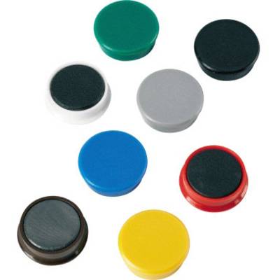 Acht runde Magneten in verschiedenen Farben: grün, schwarz, weiß, grau, blau, rot, braun und gelb, auf weißem Hintergrund.