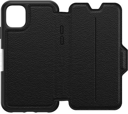 Schwarze Handyhülle aus Leder mit Klappdesign, geeignet für ein modernes Smartphone.