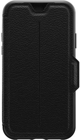 Schwarzes Leder-Handycase mit texturierter Oberfläche und seitlicher Klappe. Geeignet zum Schutz des Mobilgeräts.