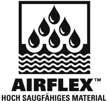 'Airflex' Logo mit Wassertropfen über Wellen. Text: 'Hoch saugfähiges Material'.