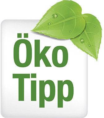 'Öko Tipp' in grüner Schrift auf weißem Hintergrund mit zwei grünen Blättern oben rechts. Symbol für umweltfreundlichen Ratschlag.