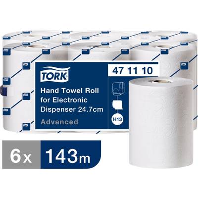 Verpackung mit sechs Rollen Tork Handtuchpapier für elektronische Spender, 143 m pro Rolle, geeignet für H13 Spender.