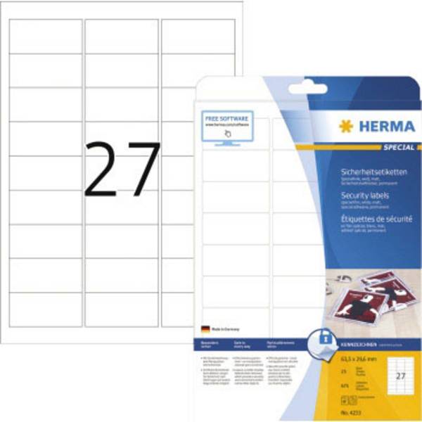 Herma 4233 Sicherheits-Etiketten 63.5 x 29.5 mm Folie, matt Weiß 675 St. Extra stark haftend Laserdrucker, Kopierer