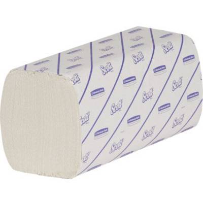 Ein Stapel weißer Papierhandtücher mit blauer und lila Verpackung, auf der 'Scott' steht. Geeignet für Spender in Waschräumen.