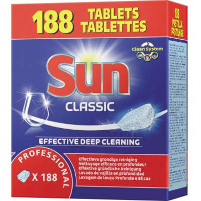 Verpackung von Spülmaschinentabletten 'Sun Classic', 188 Stück. Verspricht effektive Tiefenreinigung. Details in mehreren Sprachen.