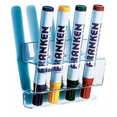 Vier bunte Boardmarker in einem transparenten Ständer, geeignet für Whiteboards. Markerfarben: blau, gelb, orange, rot.