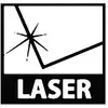 Schwarz-weißes Symbol mit Laserstrahl-Effekt und dem Wort 'LASER' darunter. Signalisierung für Laserstrahlung.