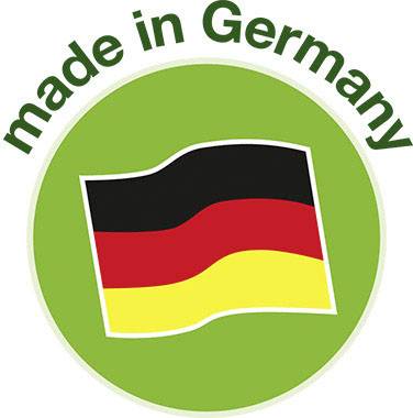 'Made in Germany'-Label mit deutscher Flagge auf grünem Kreis.