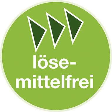 Grünes Symbol mit drei weißen Dreiecken und dem Text 'lösemittelfrei', das für Produkte ohne Lösungsmittel steht.