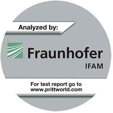 Das Bild zeigt ein Prüfsiegel mit dem Text 'Analyzed by: Fraunhofer IFAM'. Es weist auf einen Testbericht bei 'www.prittworld.com' hin.