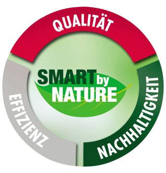 Ein kreisförmiges Diagramm zeigt drei Segmente: 'Qualität', 'Nachhaltigkeit' und 'Effizienz'. In der Mitte steht 'Smart by Nature'.