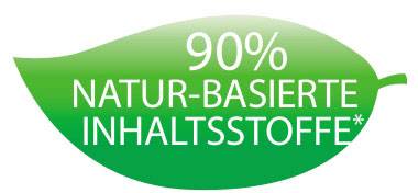 Grünes Blatt-Symbol mit der Aufschrift '90% natur-basierte Inhaltsstoffe'.