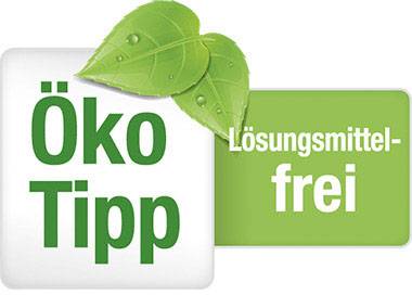 'Öko Tipp' mit grünen Blättern. Text: 'Lösungsmittelfrei'. Symbolisiert umweltfreundliche, lösungsmittelfreie Produkte.