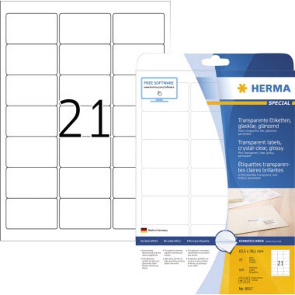 Etiketten Herma transparant glashelder A4 63,5x38,1 mm transparant helder folie glanzend 525 st.
