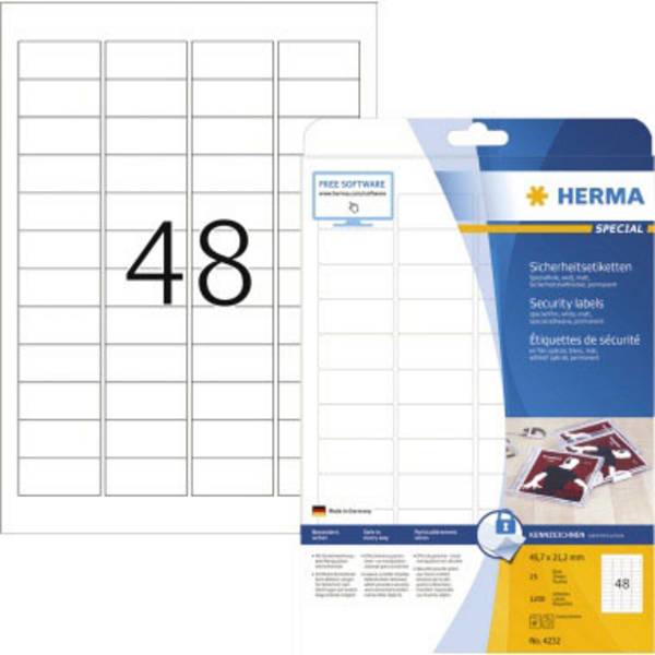 Herma 4232 Sicherheits-Etiketten 45.7 x 21.2 mm Folie, matt Weiß 1200 St. Extra stark haftend Laserdrucker, Kopierer
