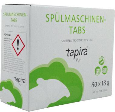 Eine Box mit Geschirrspül-Tabs der Marke 'tapira', 60 Stück à 18g. Verpackung zeigt ein grünes Symbol mit stilisiertem Tiermotiv.