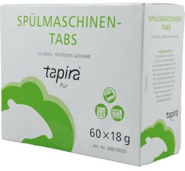 Eine Packung Spülmaschinen-Tabs der Marke 'tapira', enthält 60 Tabs zu je 18 g. Verspricht sauberes, trockenes Geschirr.