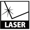 Lasersicherheitswarnung: Ein stilisierter Laserstrahl trifft auf eine Fläche. Darunter steht das Wort 'LASER'.