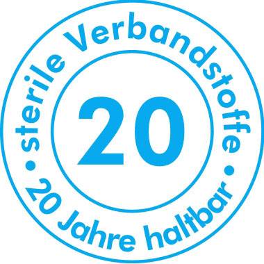 Rundes Logo mit der Aufschrift 'sterile Verbandstoffe 20 Jahre haltbar' und der Zahl '20' in der Mitte.