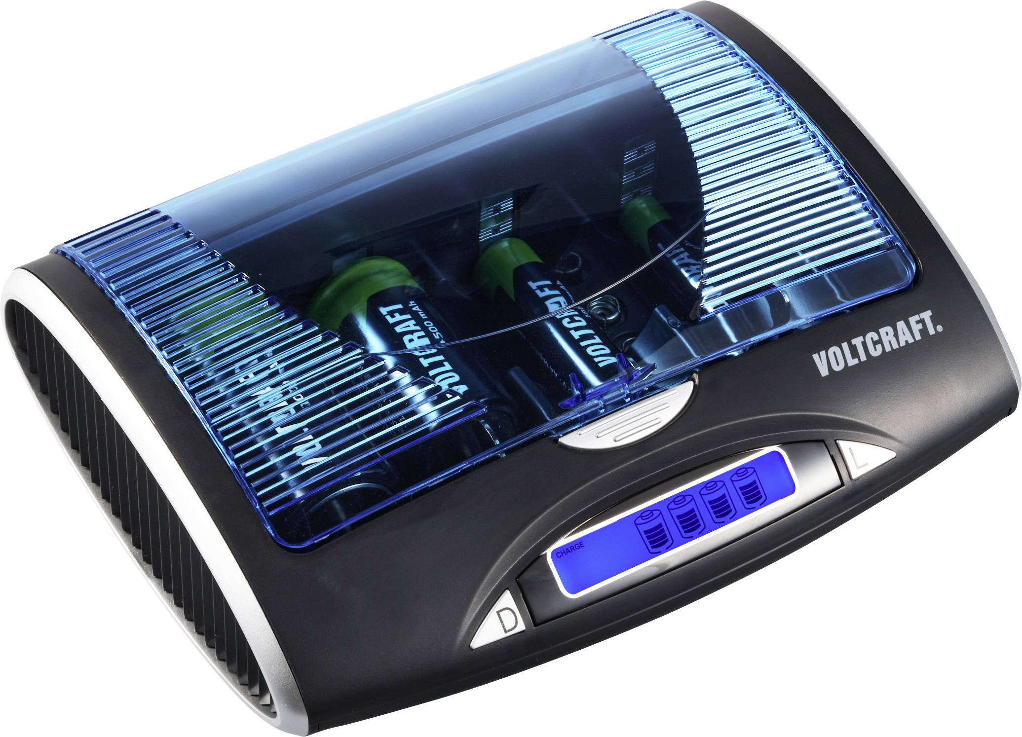 Ladegerät von Voltcraft mit blauer Abdeckung, zeigt mehrere Batterien im Inneren. Digitalanzeige vorne für Ladezustand.