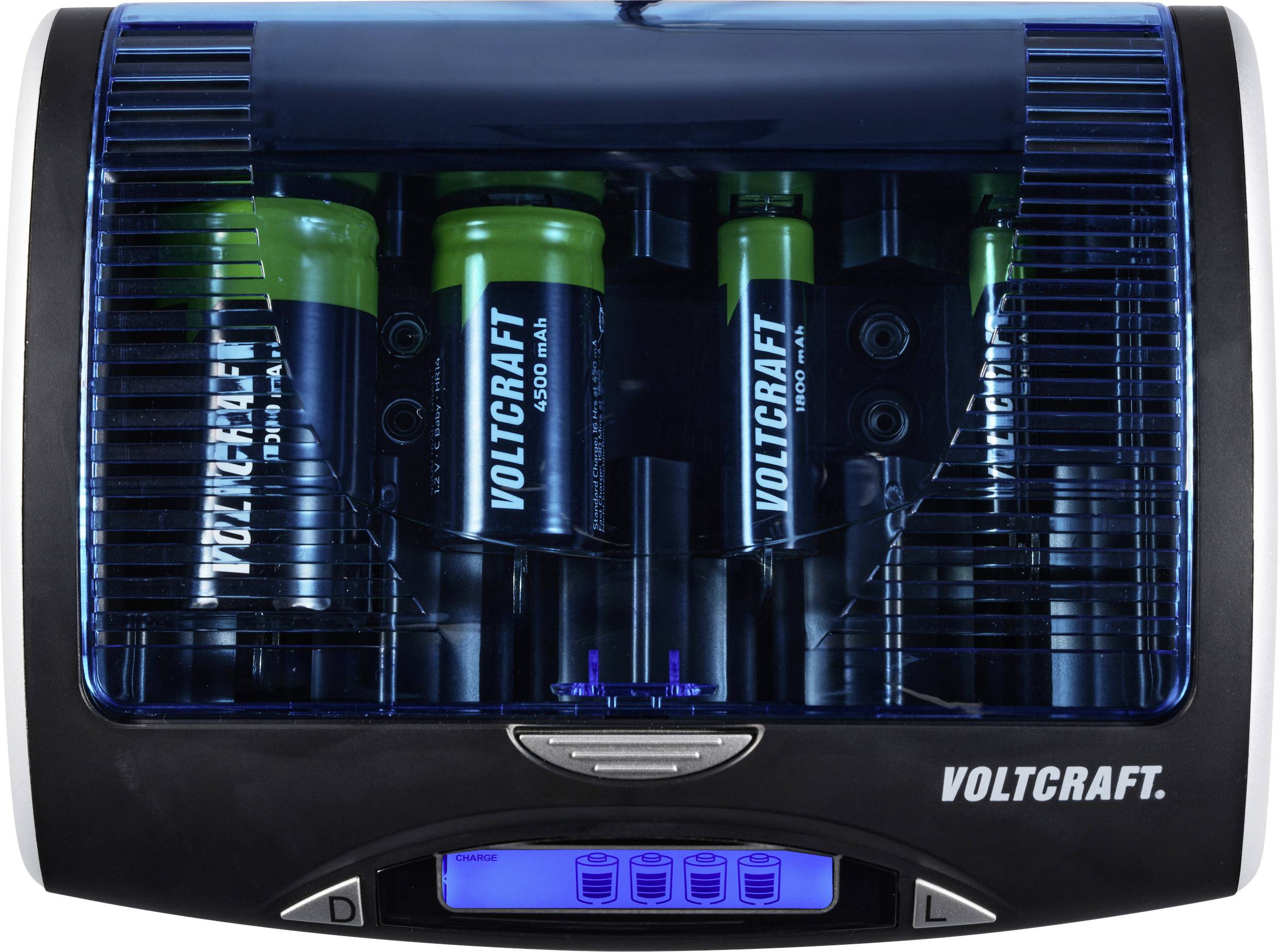 Ladegerät für Batterien und Akkus von Voltcraft mit mehreren Ladeplätzen, blauer Displayanzeige und transparentem Deckel.