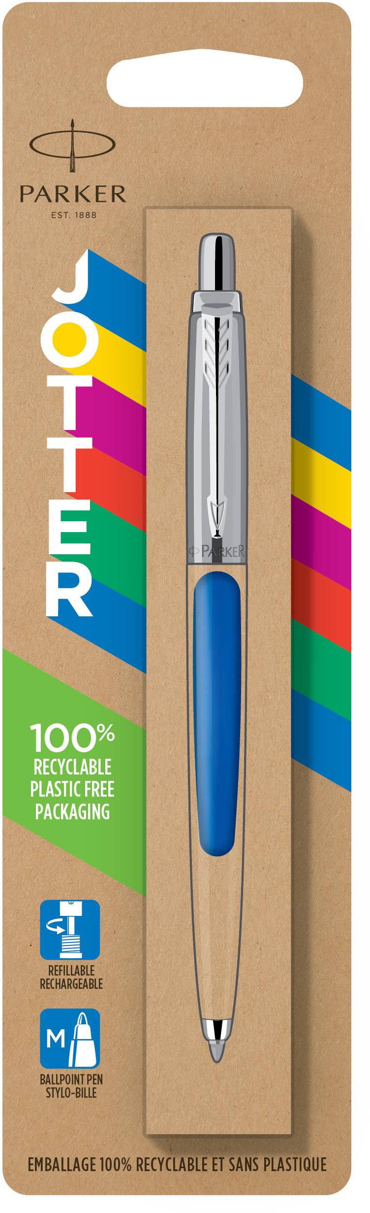 Parker Jotter Kugelschreiber in recycelbarer Verpackung, farbenfrohes Design, mit blauem Griff und silbernen Details.